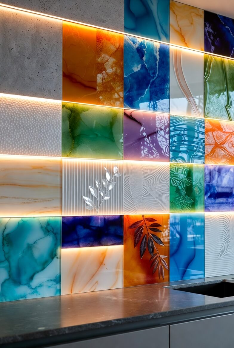 Скинали и стеклянные фартуки на кухню 2026: от трендовых текстур бетона до 3D-рельефа и LED-подсветки