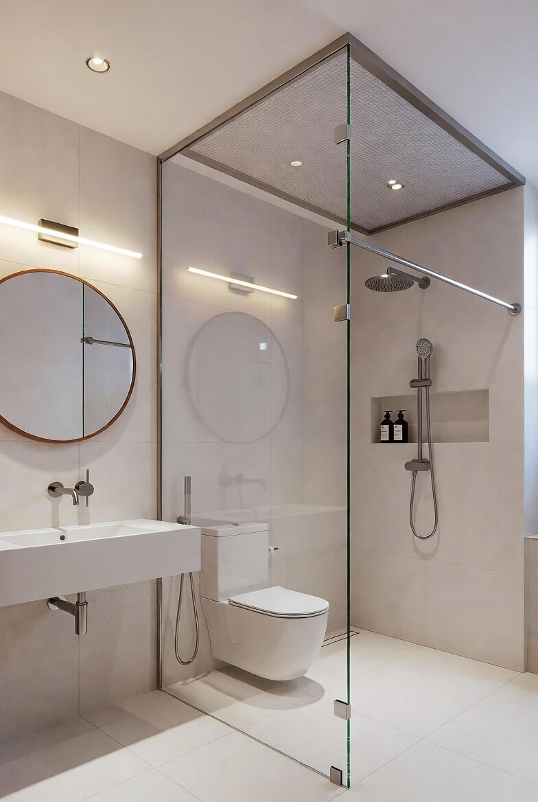 Как стеклянные перегородки и козырьки визуально увеличивают маленькую ванную в 2 раза